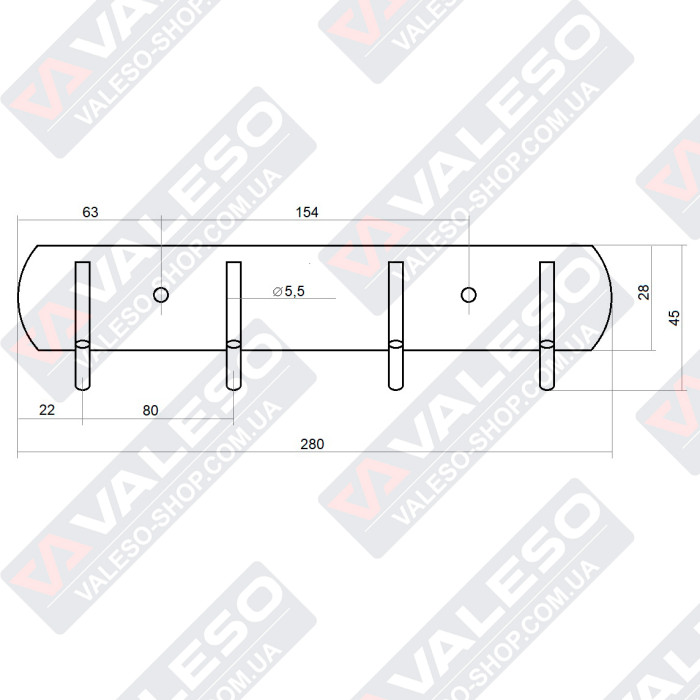Valeso FT1 - настінна вішалка з нержавіючої сталі на 4 гачки для ванної