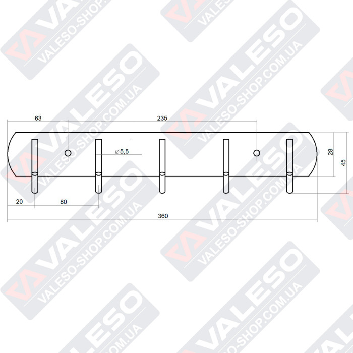 Вішалка для рушників Valeso FT2 настінна, на 5 гачків