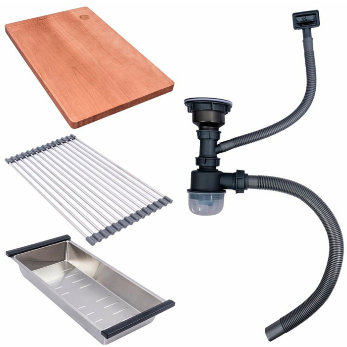 Valeso Handmade 44x44 (3.0/0.8) CM, PVD Black — 44 cm square metal sink for undermount installation with a set of accessories