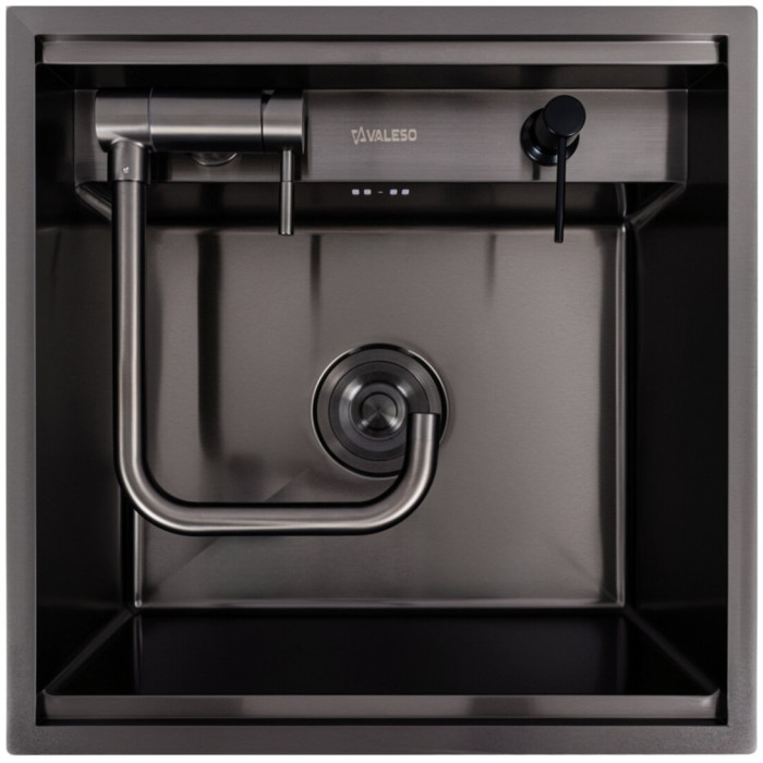 Valeso Handmade 50×50 (3.0/0.8) CM, PVD Black, Hidden — 50 cm black hidden kitchen sink with faucet and dispenser