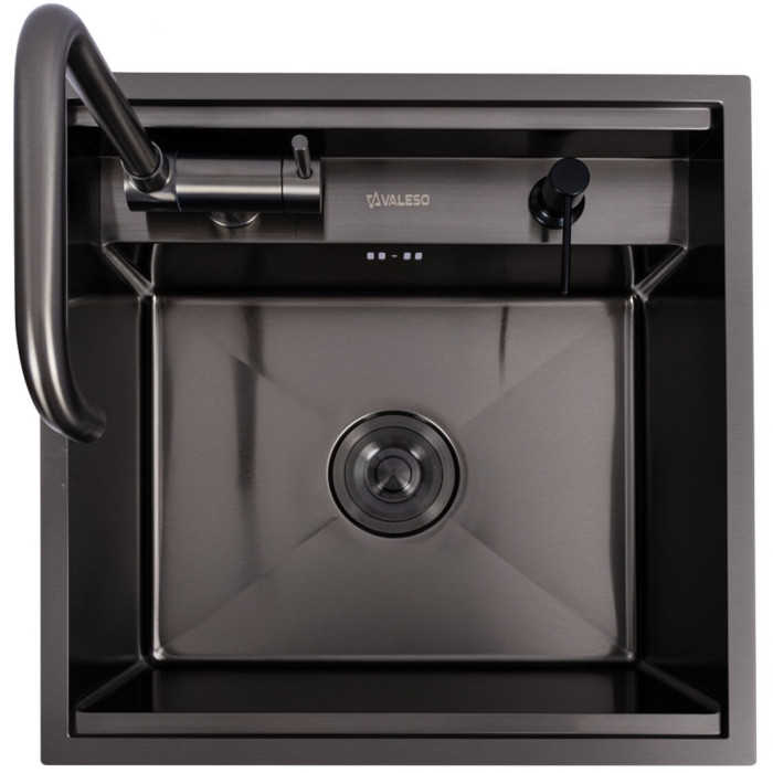 Valeso Handmade 50×50 (3.0/0.8) CM, PVD Black, Hidden — 50 cm black hidden kitchen sink with faucet and dispenser