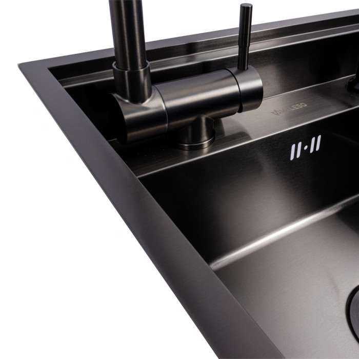 Valeso Handmade 50×50 (3.0/0.8) CM, PVD Black, Hidden — 50 cm black hidden kitchen sink with faucet and dispenser