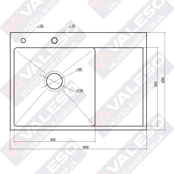 Valeso Handmade 65x50 L (3,0/0,8) CM, PVD Чорний|Кухонна врізна раковина 65 см із майданчиком для посуду
