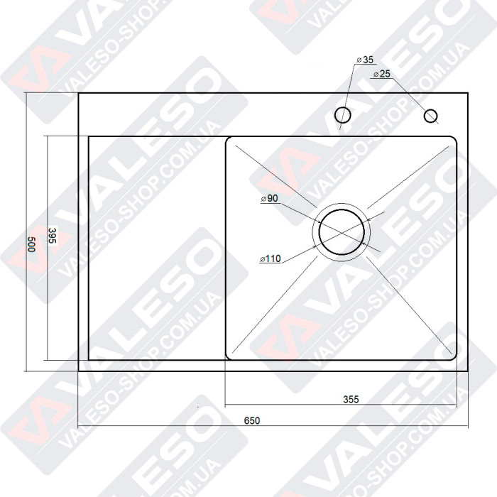 Valeso Handmade 65x50 R (3,0/0,8) CM, PVD Black|Kitchen sink 65 x 50 cm with right bowl made of stainless steel