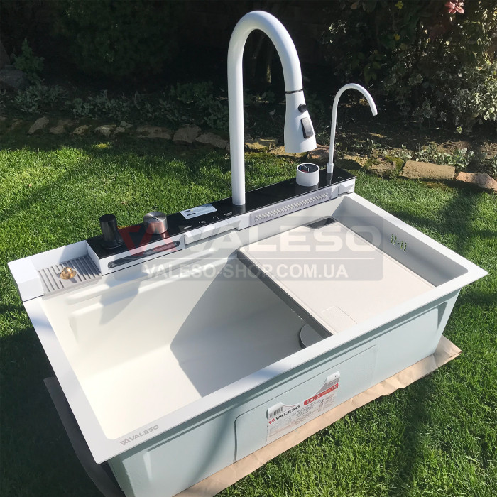 Valeso Handmade 75x45 White Decor, Waterfall – 75 cm inset kitchen sink with faucet