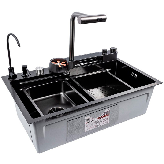 Valeso Handmade 75x45DF PVD Black Decor, waterfall + cascade spout; full set included