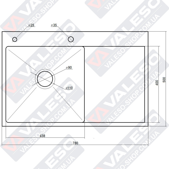 Valeso Handmade 78x50 L (3.0/0.8) CM, decor - 78 cm rectangular kitchen sink