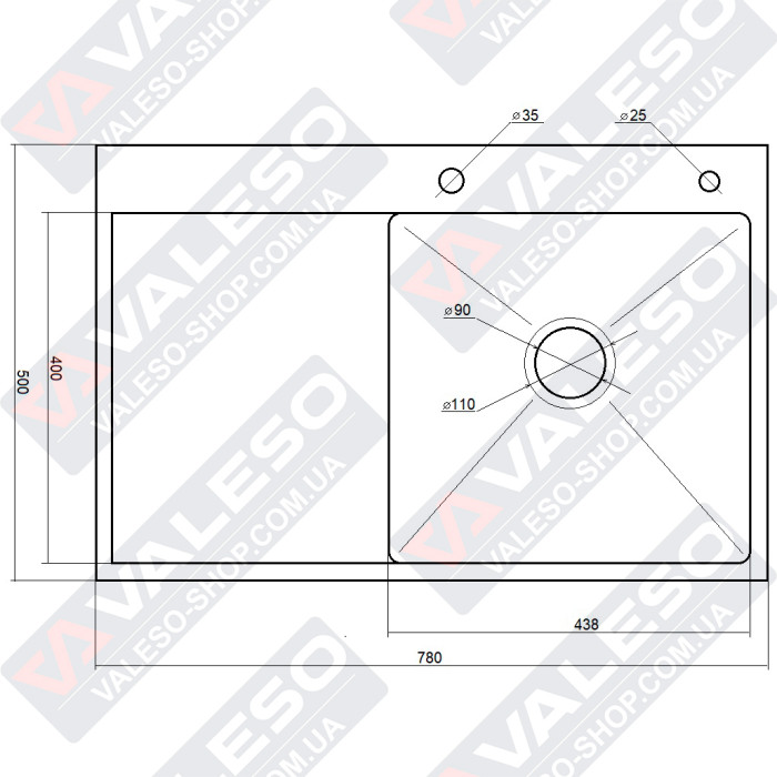 Valeso Handmade 78x50 R (3.0/0.8) CM, decor - right-handed kitchen sink made of stainless steel