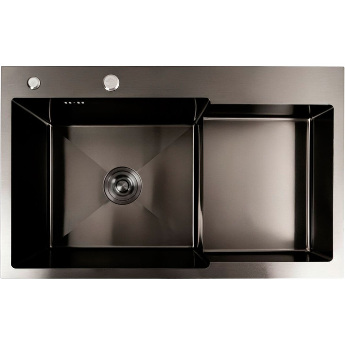 Valeso Handmade 78x50C L (3.0/0.8) cm PVD black stainless steel kitchen sink with a large bowl and recessed shelf