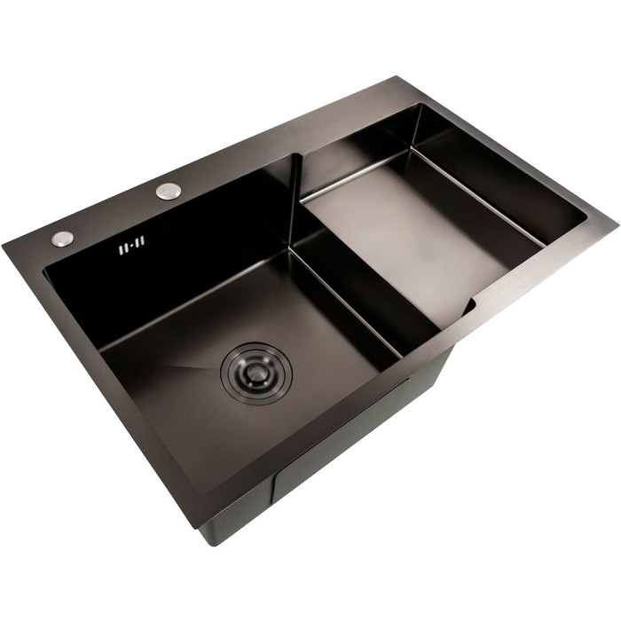 Valeso Handmade 78x50C L (3.0/0.8) cm PVD black stainless steel kitchen sink with a large bowl and recessed shelf
