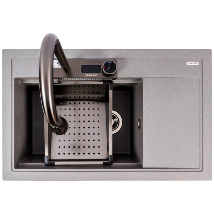 Valeso Atrum 7950 monsoon grey – 79 cm granite sink with a waterfall faucet and dish drying wing