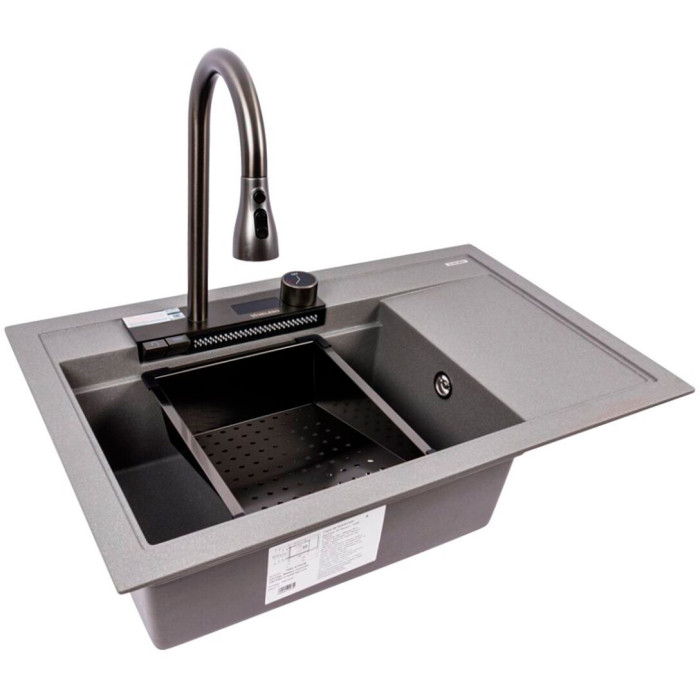 Valeso Atrum 7950 monsoon grey – 79 cm granite sink with a waterfall faucet and dish drying wing