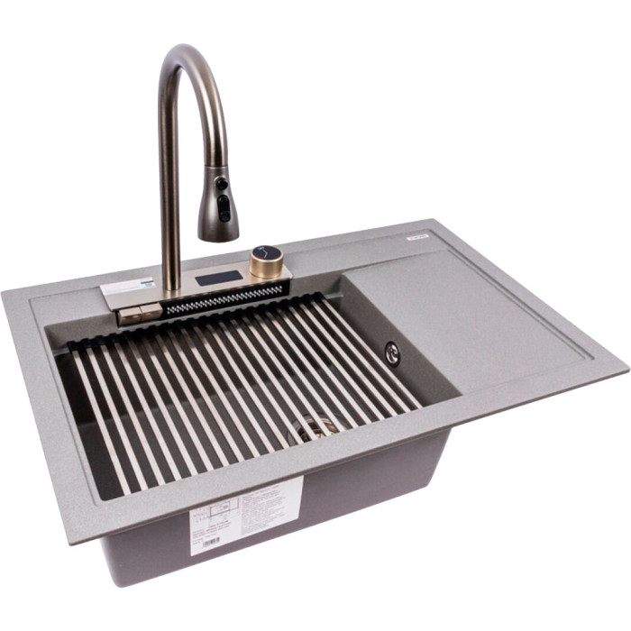 Valeso Atrum 7950 monsoon grey – 79 cm granite sink with a waterfall faucet and dish drying wing
