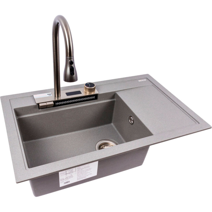 Valeso Atrum 7950 monsoon grey – 79 cm granite sink with a waterfall faucet and dish drying wing