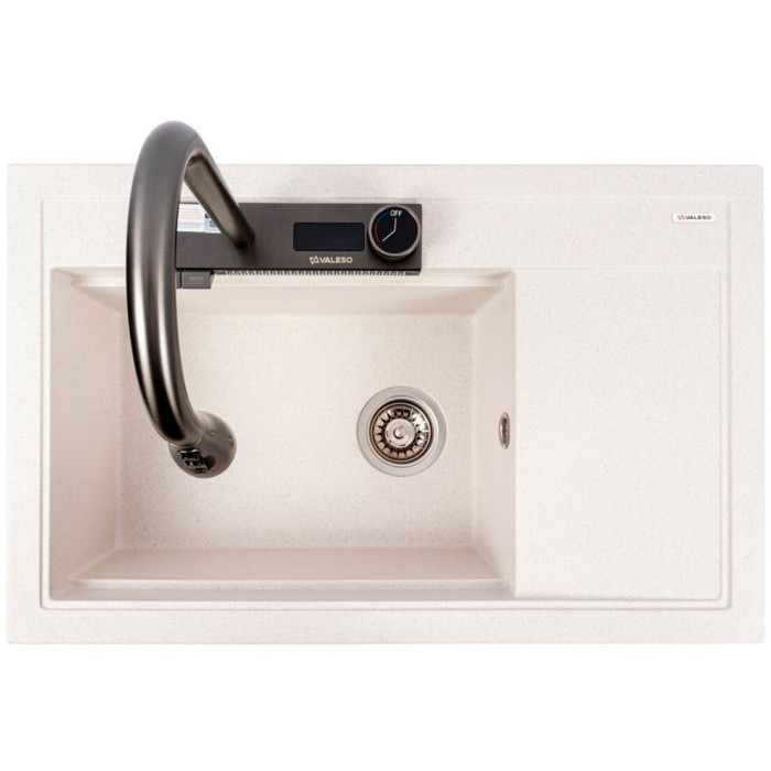 Valeso Atrum 7950 white with speckles - granite sink with drainer and left bowl + faucet