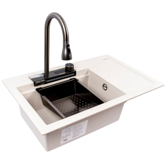 Valeso Atrum 7950 white with speckles - granite sink with drainer and left bowl + faucet