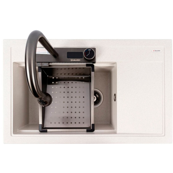Valeso Atrum 7950 white with speckles - granite sink with drainer and left bowl + faucet