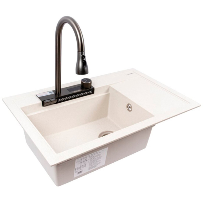Valeso Atrum 7950 white with speckles - granite sink with drainer and left bowl + faucet