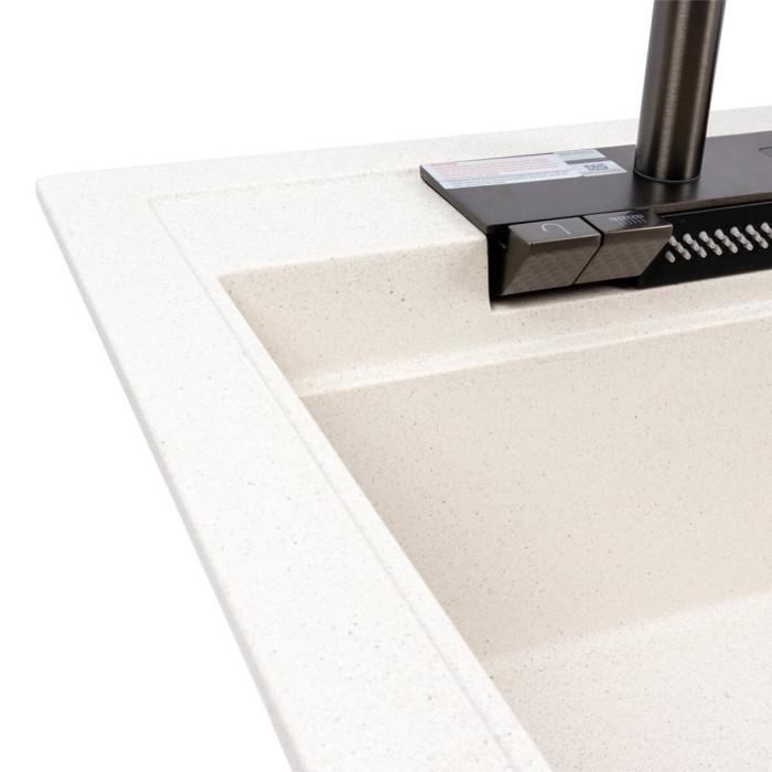 Valeso Atrum 7950 white with speckles - granite sink with drainer and left bowl + faucet