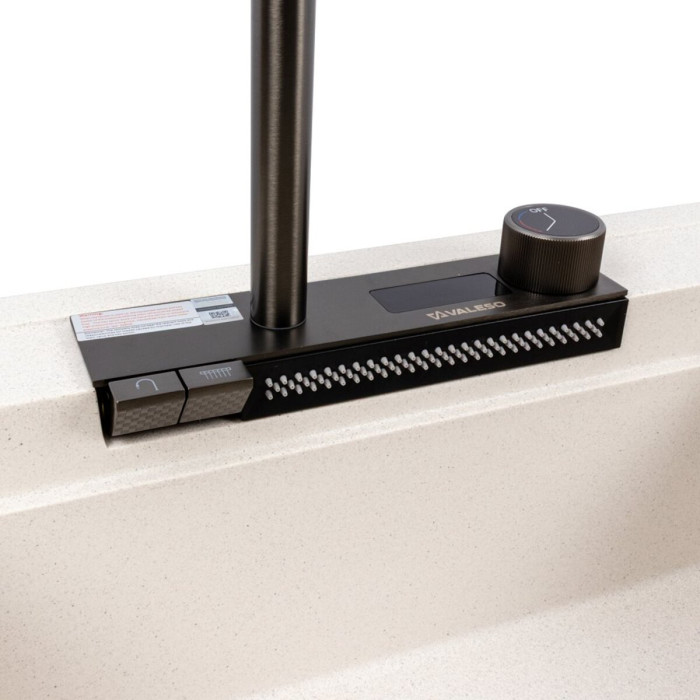 Valeso Atrum 7950 white with speckles - granite sink with drainer and left bowl + faucet