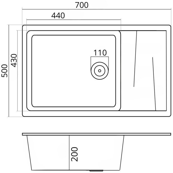 Valeso Cascada 7050 graphite – 70 cm rectangular symmetrical sink in a dark color for the kitchen; with a dish drying wing