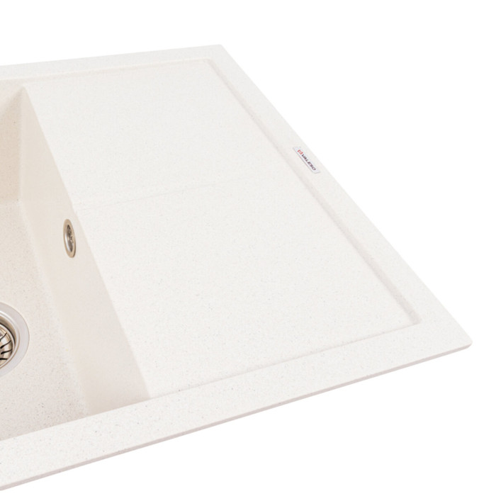 Valeso Cripta 6550 white with speckles, featuring a dish drying wing and a 34/44 cm bowl; monolithic composite with a matte surface