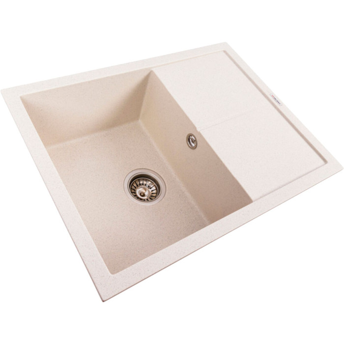 Valeso Cripta 6550 white with speckles, featuring a dish drying wing and a 34/44 cm bowl; monolithic composite with a matte surface