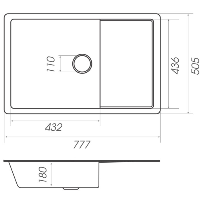 Valeso Cube 7850 anthracite – 78 cm rectangular sink with a large bowl and recessed wing; drain with a decorative cover