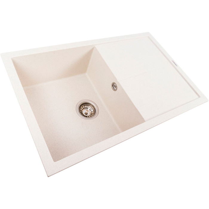 Valeso Galans 7950 white with speckles – 79 cm kitchen sink with a dish drying wing and a large 44 x 44 cm bowl; drain with a decorative cover