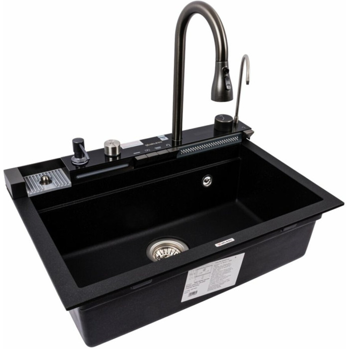 Valeso Irena 6846 black metallic - kitchen system with 68 cm sink, faucet, and waterfall