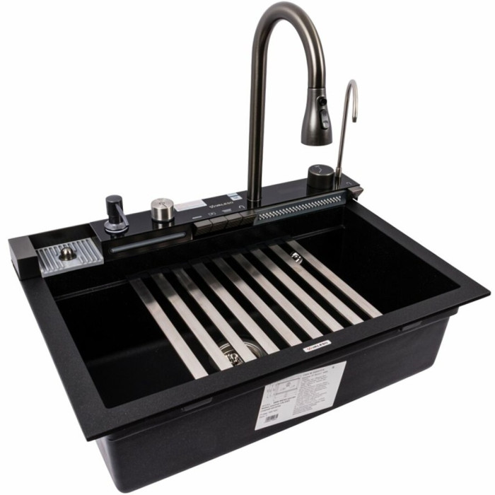 Valeso Irena 6846 black metallic - kitchen system with 68 cm sink, faucet, and waterfall