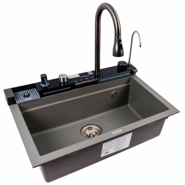 Valeso 6846 Irena monsoon grey – 68 cm granite sink, faucet, filter tap, dispenser