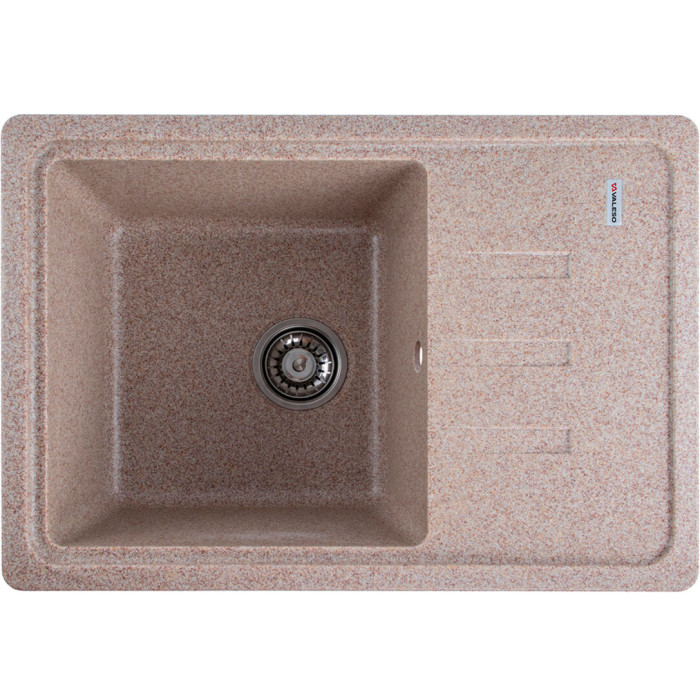 Valeso 6243 Liana caramel — sink 62×43 cm with a drainer, bowl depth of 19 cm, and a semi-matte surface.