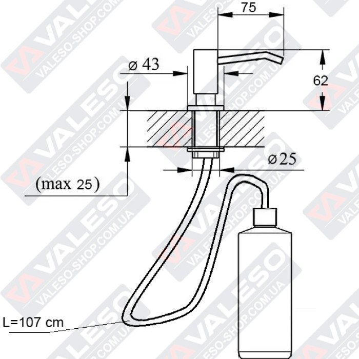 Dispenser Valeso SR1 – built-in, with a flexible tube 1 m long and a valve