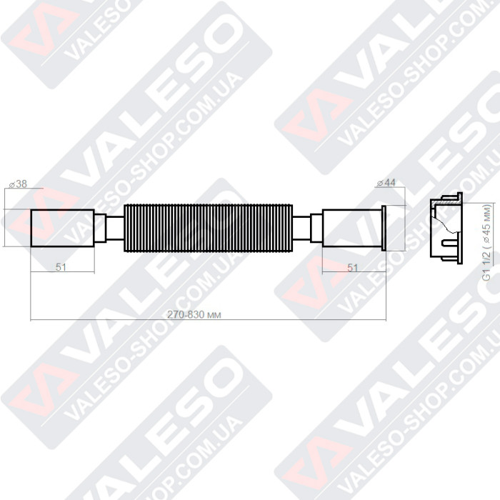 Valeso corrugated flexible pipe for siphons, length up to 83 cm