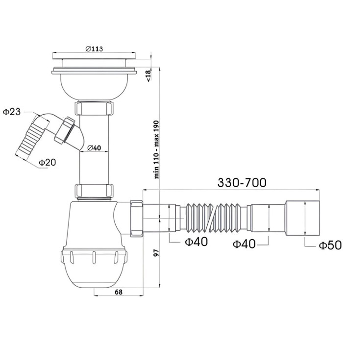 Valeso 610 siphon - white siphon with valve for composite sinks